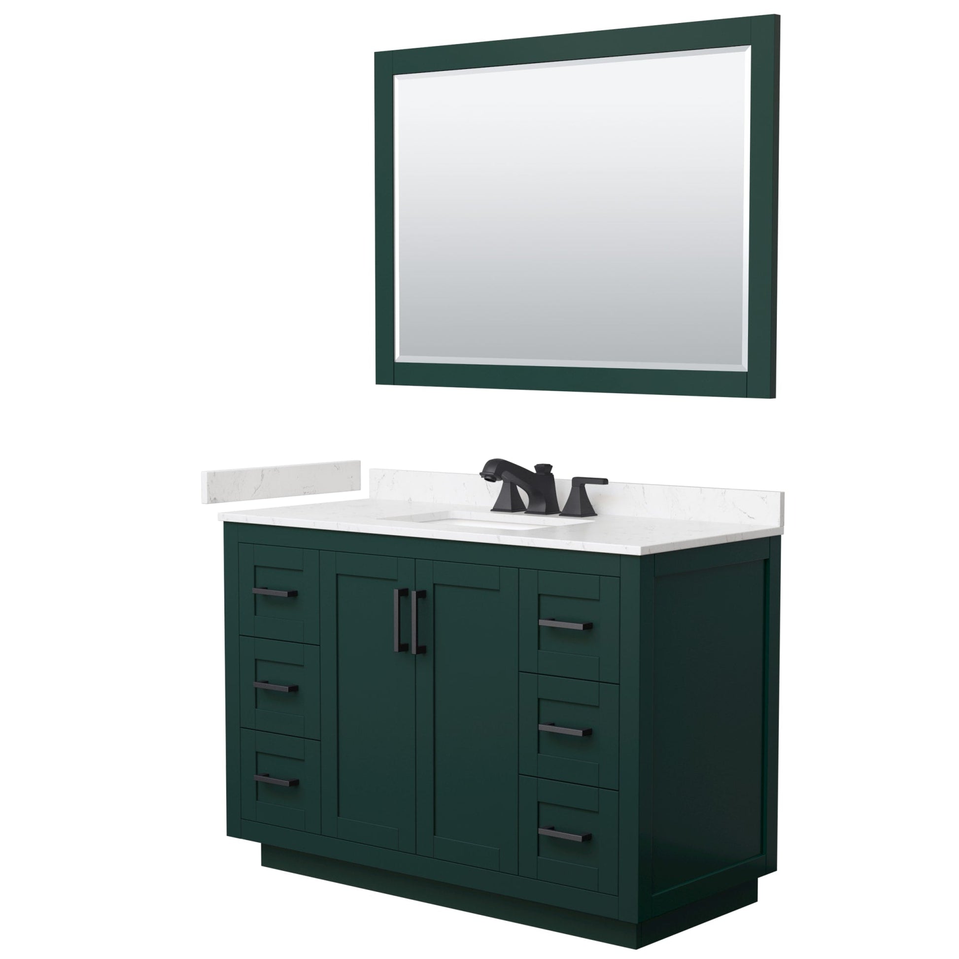 Wyndham Collection Miranda 48" Single Bathroom Vanity in Green, Carrara Cultured Marble Countertop, Undermount Square Sink (3-Hole), Matte Black Trim and 46" Mirror