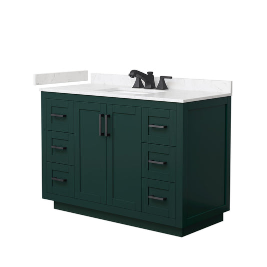 Wyndham Collection Miranda 48" Single Bathroom Vanity in Green, Carrara Cultured Marble Countertop, Undermount Square Sink (3-Hole), Matte Black Trim