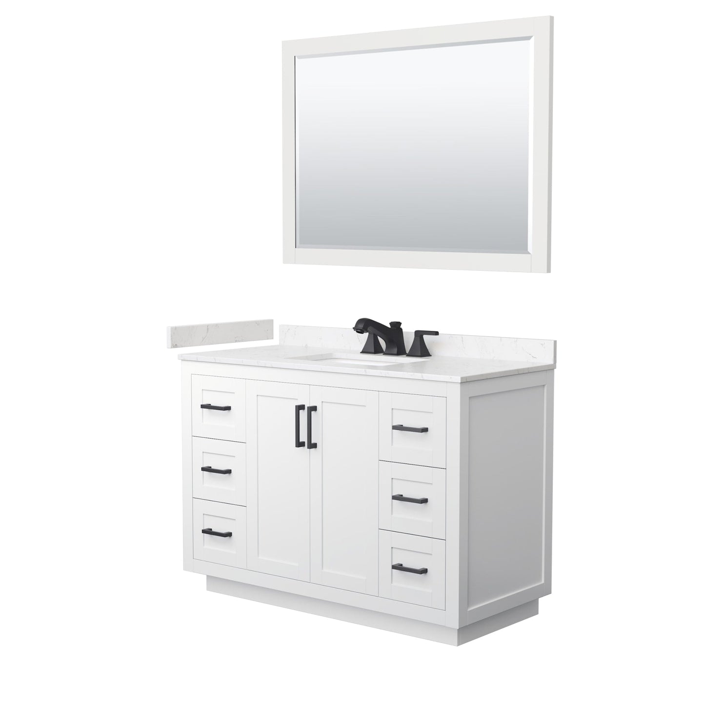 Wyndham Collection Miranda 48" Single Bathroom Vanity in White, Carrara Cultured Marble Countertop, Undermount Square Sink (3-Hole), Matte Black Trim and 46" Mirror