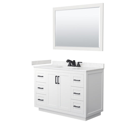 Wyndham Collection Miranda 48" Single Bathroom Vanity in White, Carrara Cultured Marble Countertop, Undermount Square Sink (3-Hole), Matte Black Trim and 46" Mirror