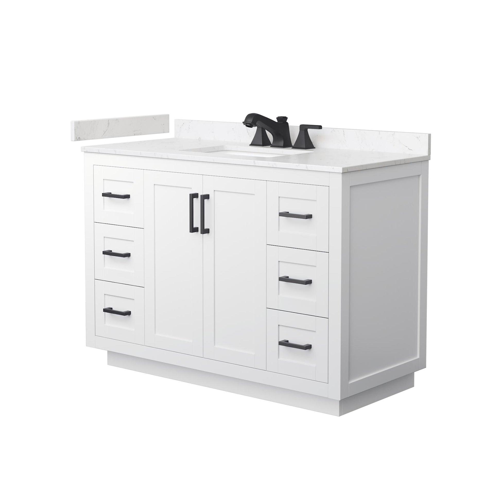 Wyndham Collection Miranda 48" Single Bathroom Vanity in White, Carrara Cultured Marble Countertop, Undermount Square Sink (3-Hole), Matte Black Trim