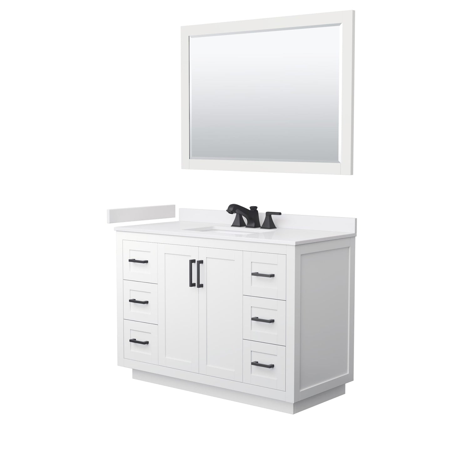 Wyndham Collection Miranda 48" Single Bathroom Vanity in White, White Cultured Marble Countertop, Undermount Square Sink (3-Hole), Matte Black Trim and 46" Mirror