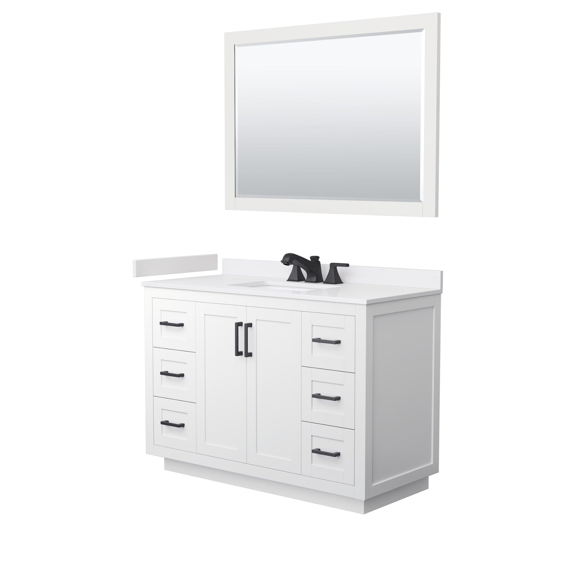 Wyndham Collection Miranda 48" Single Bathroom Vanity in White, White Cultured Marble Countertop, Undermount Square Sink (3-Hole), Matte Black Trim and 46" Mirror