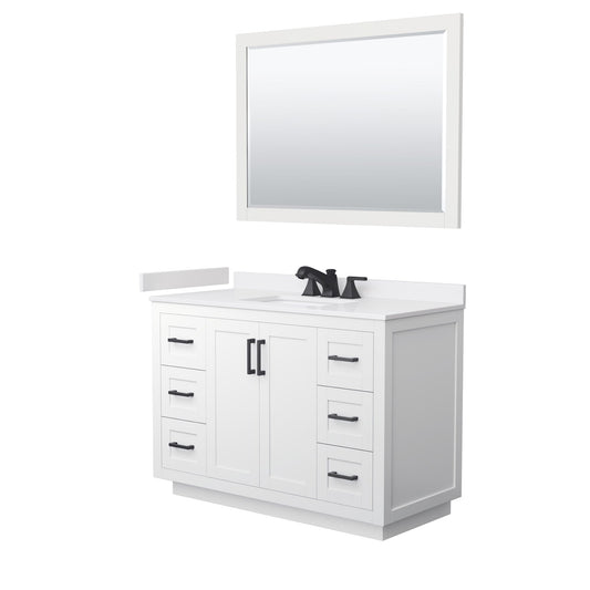 Wyndham Collection Miranda 48" Single Bathroom Vanity in White, White Cultured Marble Countertop, Undermount Square Sink (3-Hole), Matte Black Trim and 46" Mirror