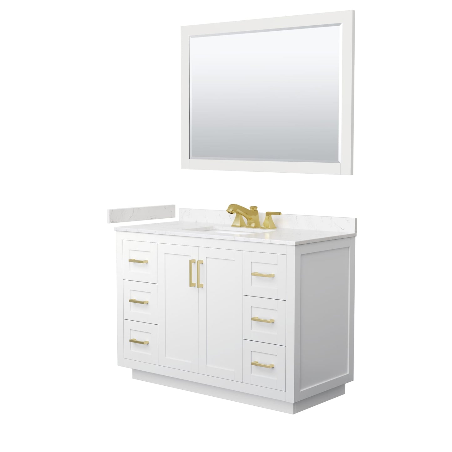 Wyndham Collection Miranda 48" Single Bathroom Vanity in White, Carrara Cultured Marble Countertop, Undermount Square Sink (3-Hole), Brushed Gold Trim and 46" Mirror