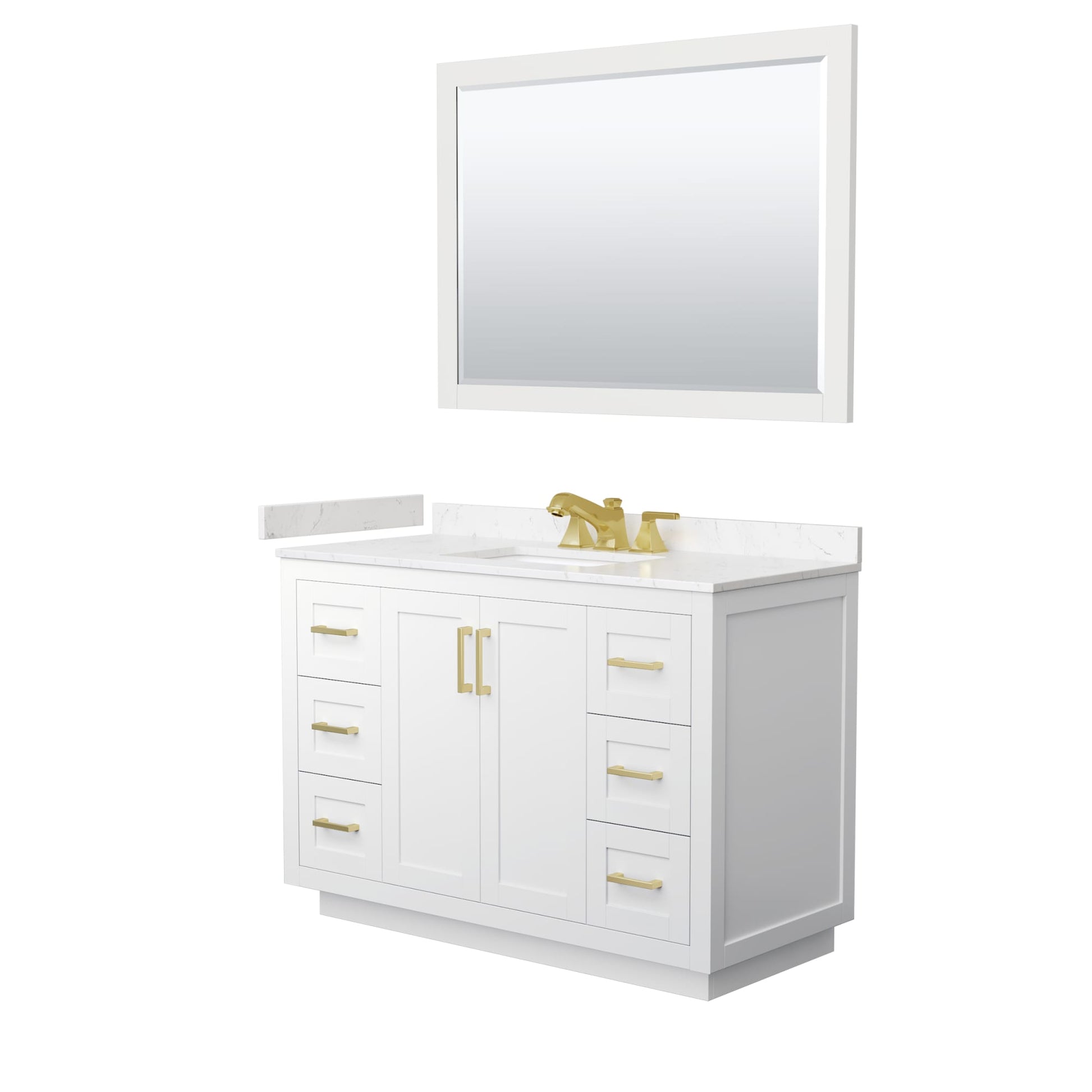 Wyndham Collection Miranda 48" Single Bathroom Vanity in White, Carrara Cultured Marble Countertop, Undermount Square Sink (3-Hole), Brushed Gold Trim and 46" Mirror