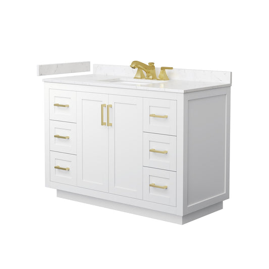 Wyndham Collection Miranda 48" Single Bathroom Vanity in White, Carrara Cultured Marble Countertop, Undermount Square Sink (3-Hole), Brushed Gold Trim