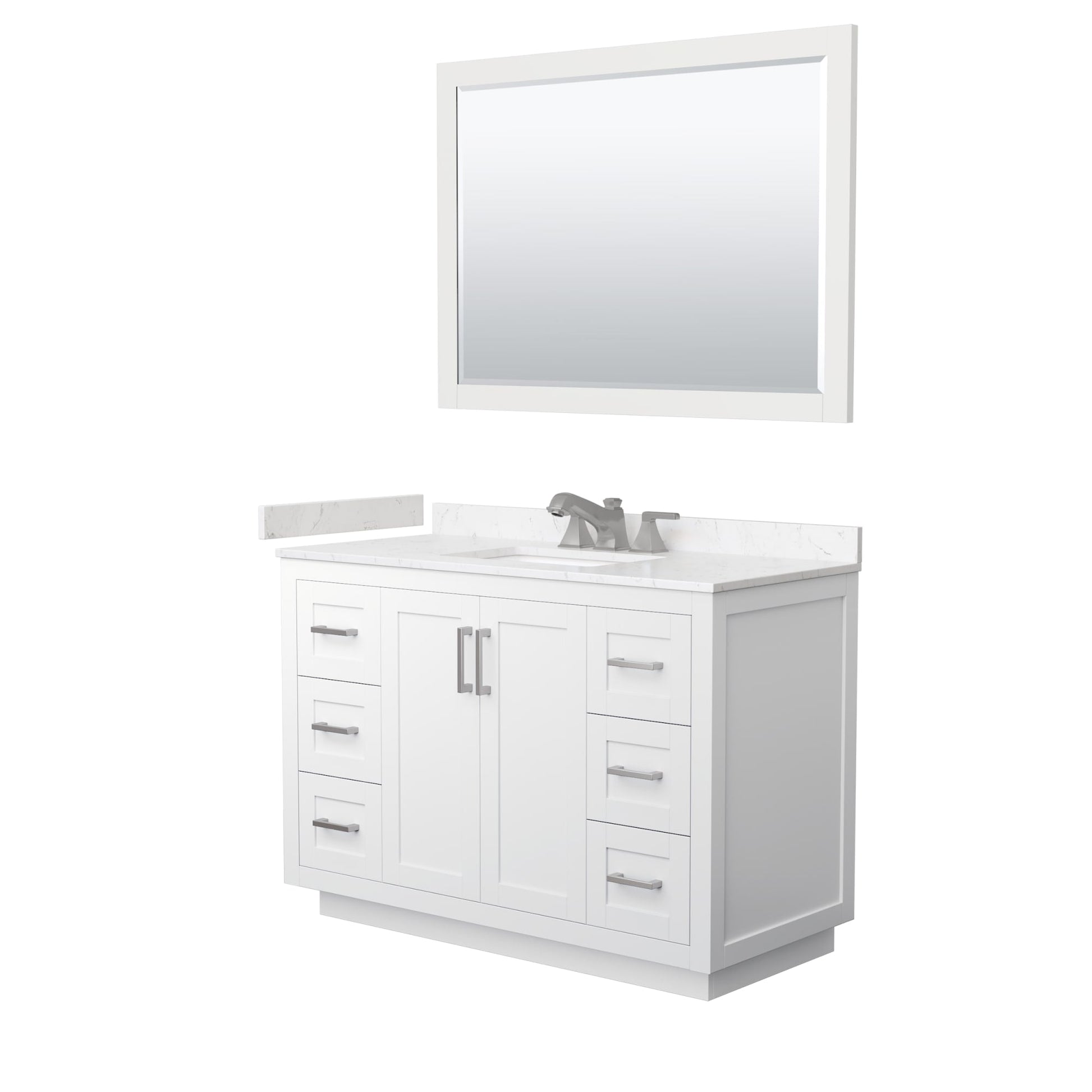 Wyndham Collection Miranda 48" Single Bathroom Vanity in White, Carrara Cultured Marble Countertop, Undermount Square Sink (3-Hole), Brushed Nickel Trim and 46" Mirror