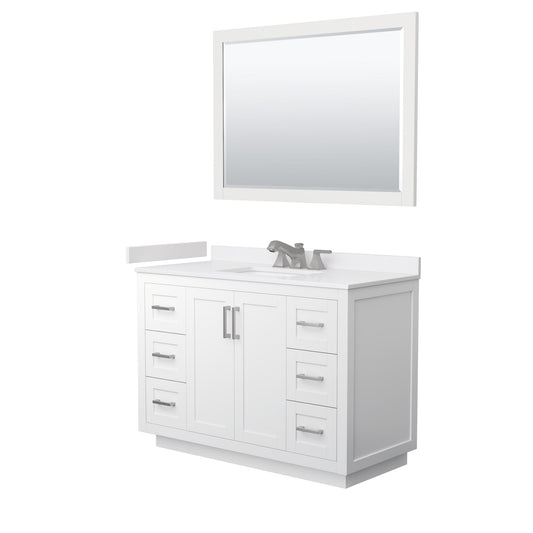 Wyndham Collection Miranda 48" Single Bathroom Vanity in White, White Cultured Marble Countertop, Undermount Square Sink (3-Hole), Brushed Nickel Trim and 46" Mirror
