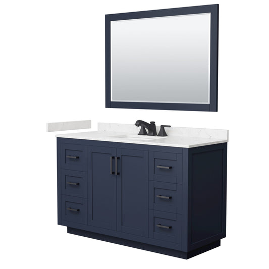 Wyndham Collection Miranda 54" Single Bathroom Vanity in Dark Blue, Carrara Cultured Marble Countertop, Undermount Square Sink (3-Hole), Matte Black Trim and 46" Mirror