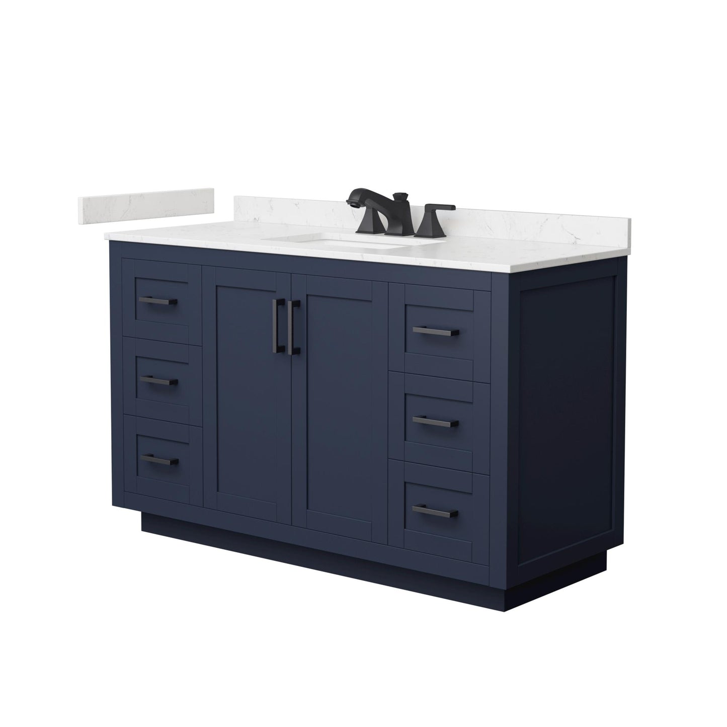 Wyndham Collection Miranda 54" Single Bathroom Vanity in Dark Blue, Carrara Cultured Marble Countertop, Undermount Square Sink (3-Hole), Matte Black Trim