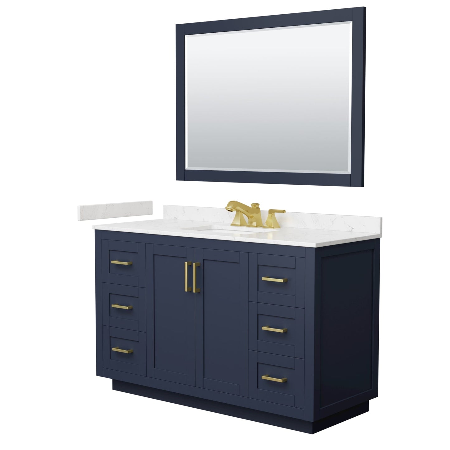 Wyndham Collection Miranda 54" Single Bathroom Vanity in Dark Blue, Carrara Cultured Marble Countertop, Undermount Square Sink (3-Hole), Brushed Gold Trim and 46" Mirror
