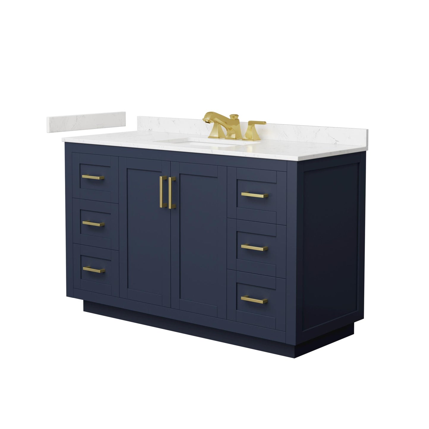 Wyndham Collection Miranda 54" Single Bathroom Vanity in Dark Blue, Carrara Cultured Marble Countertop, Undermount Square Sink (3-Hole), Brushed Gold Trim