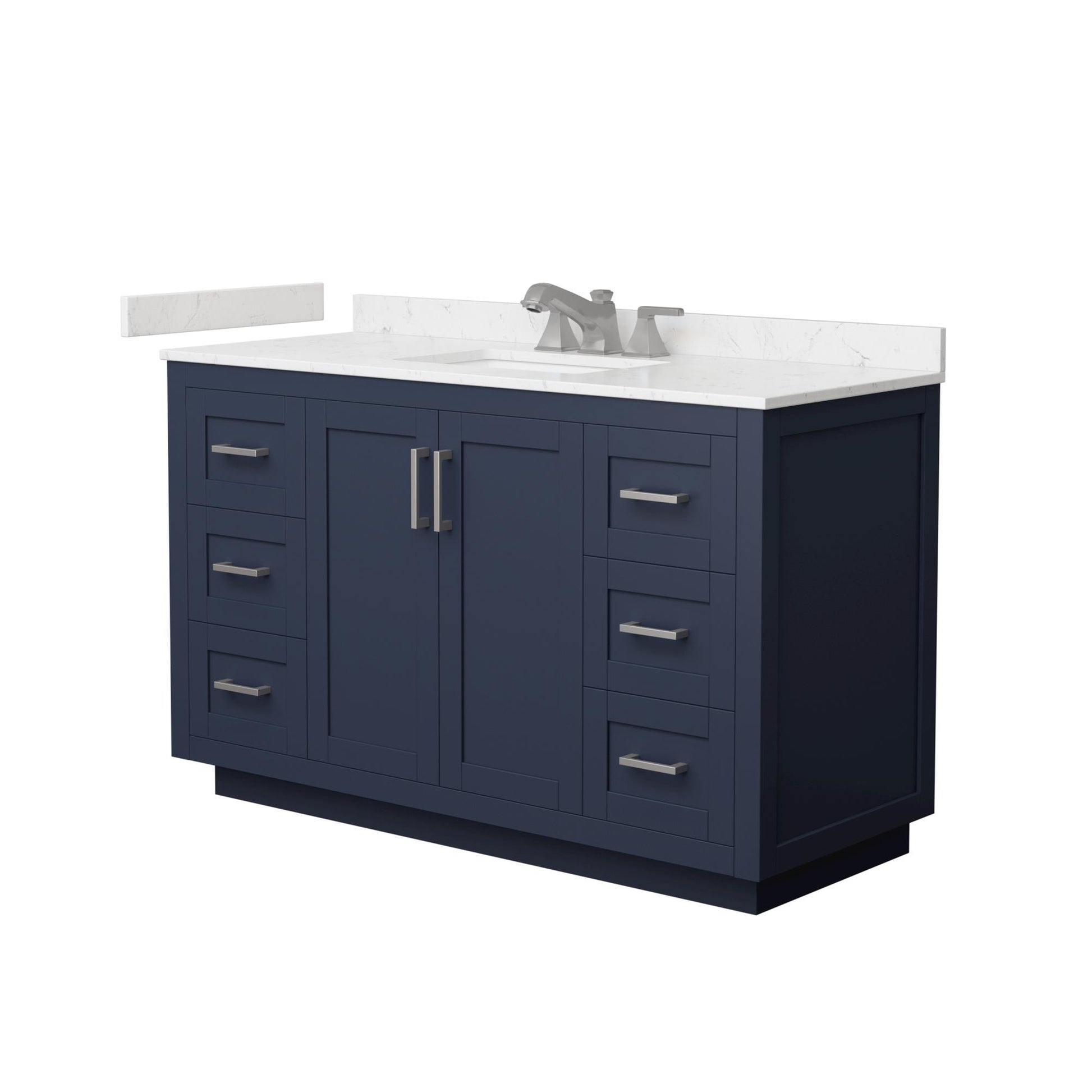 Wyndham Collection Miranda 54" Single Bathroom Vanity in Dark Blue, Carrara Cultured Marble Countertop, Undermount Square Sink (3-Hole), Brushed Nickel Trim