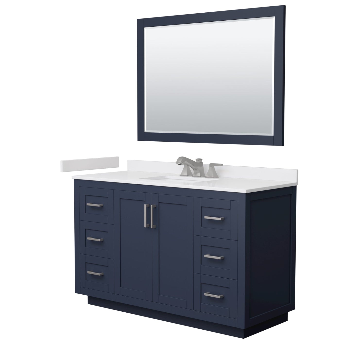 Wyndham Collection Miranda 54" Single Bathroom Vanity in Dark Blue, White Cultured Marble Countertop, Undermount Square Sink (3-Hole), Brushed Nickel Trim and 46" Mirror