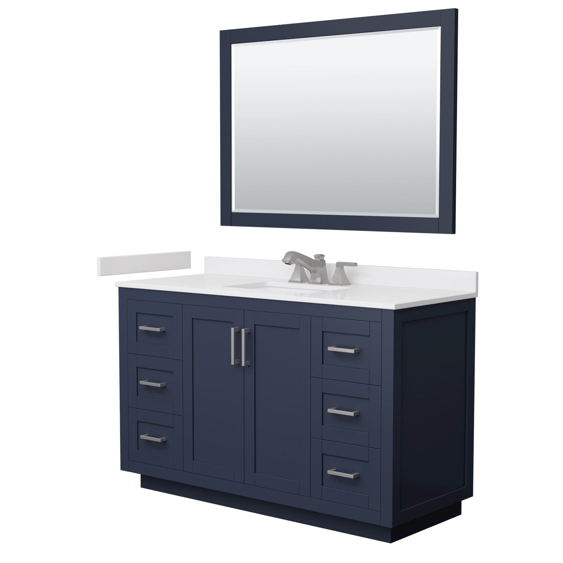 Wyndham Collection Miranda 54" Single Bathroom Vanity in Dark Blue, White Cultured Marble Countertop, Undermount Square Sink (3-Hole), Brushed Nickel Trim and 46" Mirror