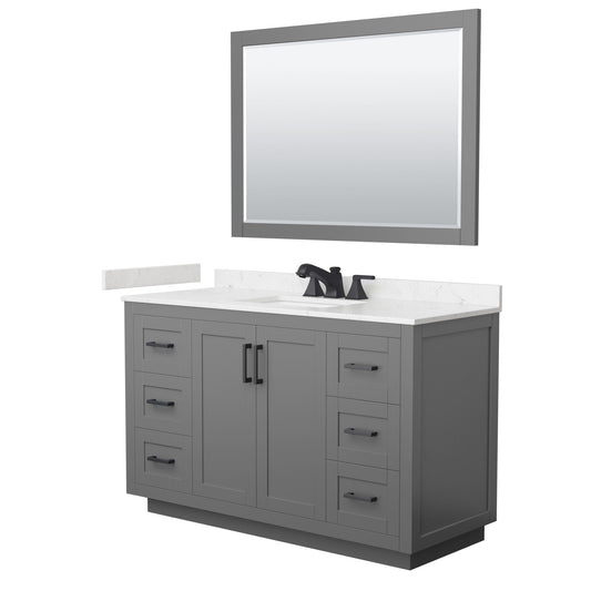 Wyndham Collection Miranda 54" Single Bathroom Vanity in Dark Gray, Carrara Cultured Marble Countertop, Undermount Square Sink (3-Hole), Matte Black Trim and 46" Mirror