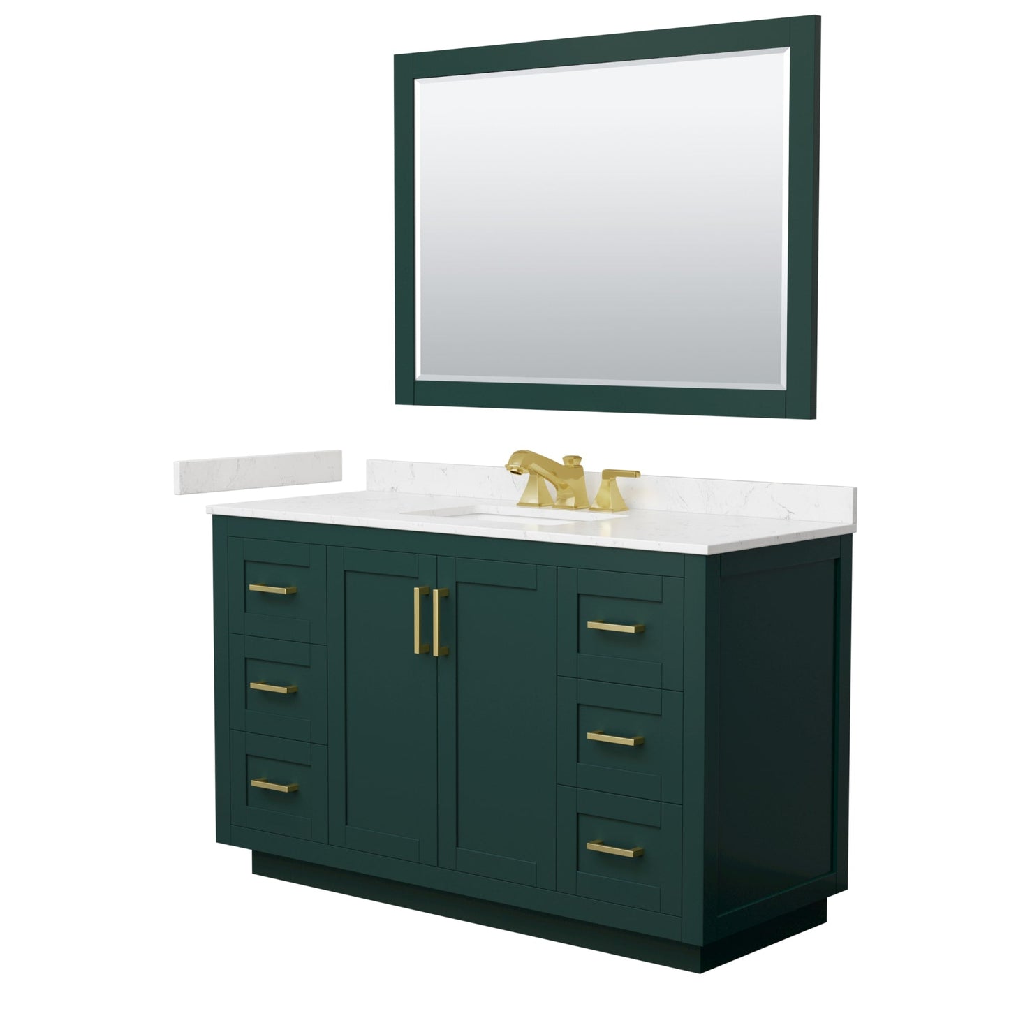 Wyndham Collection Miranda 54" Single Bathroom Vanity in Green, Carrara Cultured Marble Countertop, Undermount Square Sink (3-Hole), Brushed Gold Trim and 46" Mirror