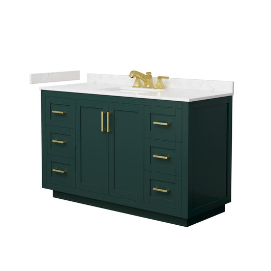 Wyndham Collection Miranda 54" Single Bathroom Vanity in Green, Carrara Cultured Marble Countertop, Undermount Square Sink (3-Hole), Brushed Gold Trim