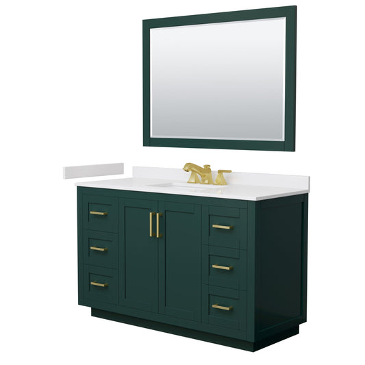 Wyndham Collection Miranda 54" Single Bathroom Vanity in Green, White Cultured Marble Countertop, Undermount Square Sink (3-Hole), Brushed Gold Trim and 46" Mirror