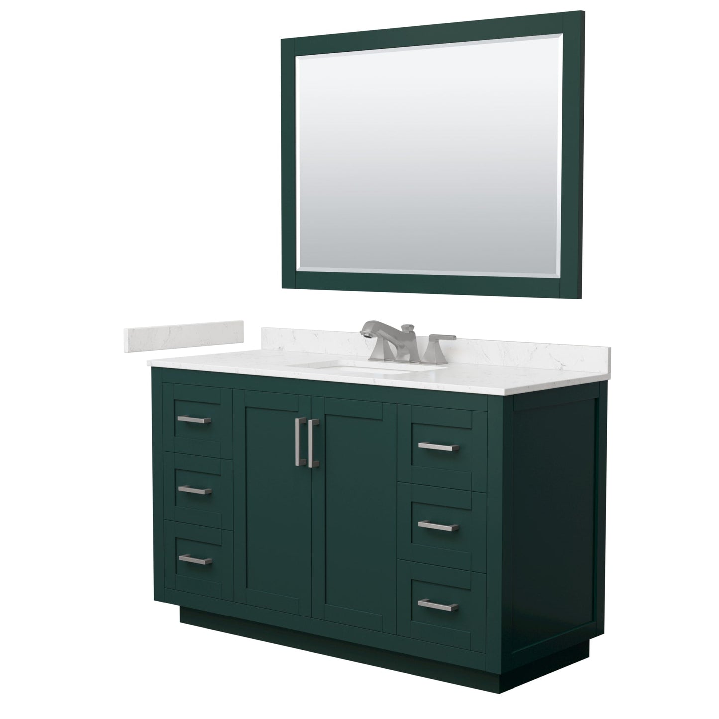 Wyndham Collection Miranda 54" Single Bathroom Vanity in Green, Carrara Cultured Marble Countertop, Undermount Square Sink (3-Hole), Brushed Nickel Trim and 46" Mirror