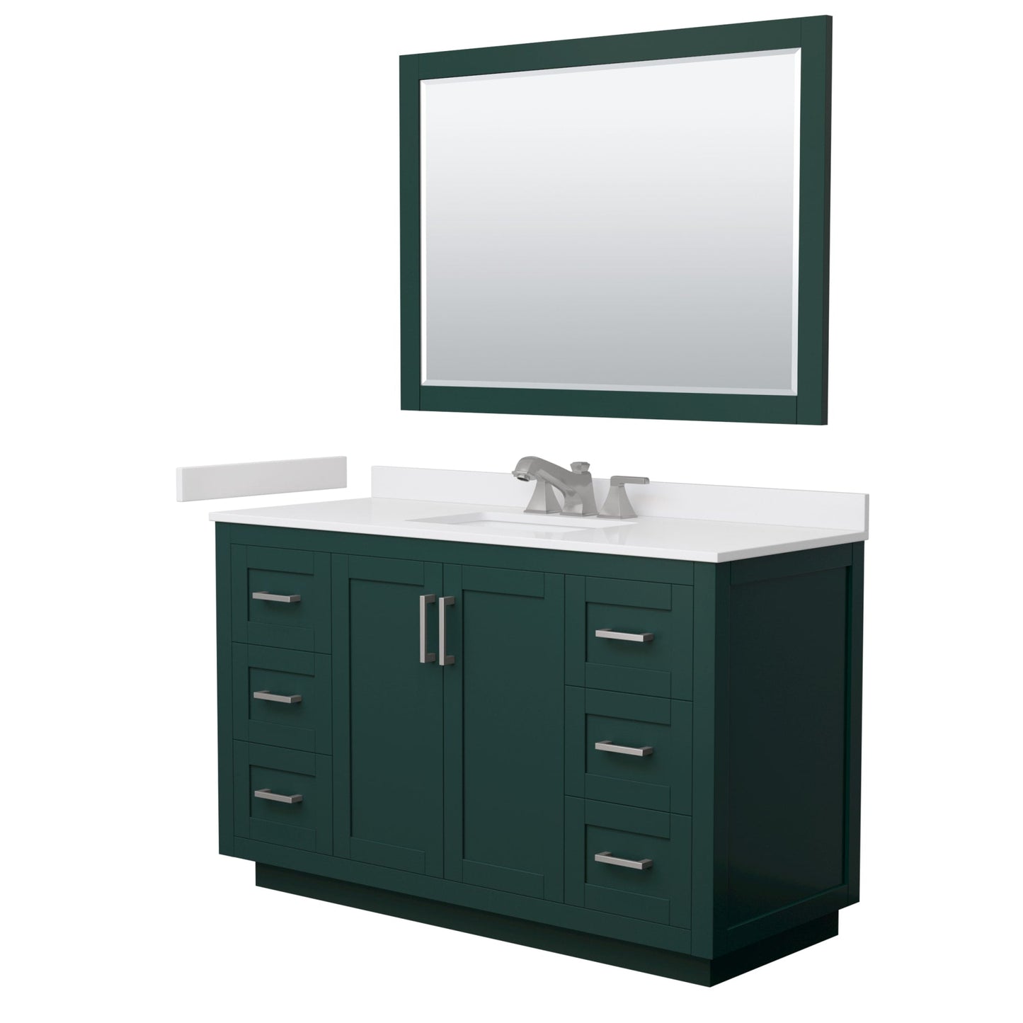 Wyndham Collection Miranda 54" Single Bathroom Vanity in Green, White Cultured Marble Countertop, Undermount Square Sink (3-Hole), Brushed Nickel Trim and 46" Mirror