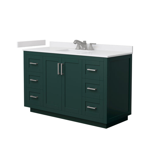 Wyndham Collection Miranda 54" Single Bathroom Vanity in Green, White Cultured Marble Countertop, Undermount Square Sink (3-Hole), Brushed Nickel Trim