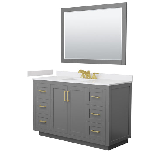 Wyndham Collection Miranda 54" Single Bathroom Vanity in Dark Gray, White Cultured Marble Countertop, Undermount Square Sink (3-Hole), Brushed Gold Trim and 46" Mirror