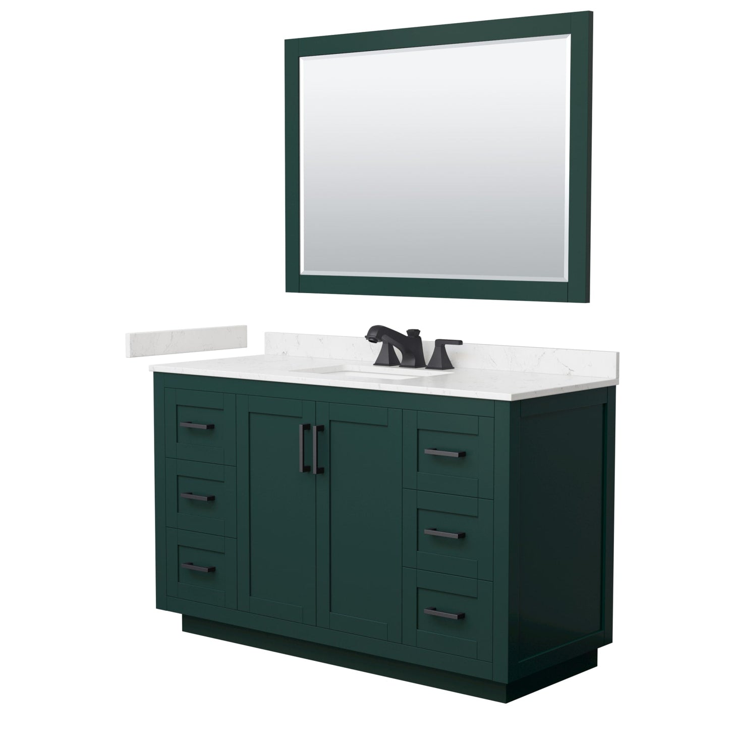 Wyndham Collection Miranda 54" Single Bathroom Vanity in Green, Carrara Cultured Marble Countertop, Undermount Square Sink (3-Hole), Matte Black Trim and 46" Mirror