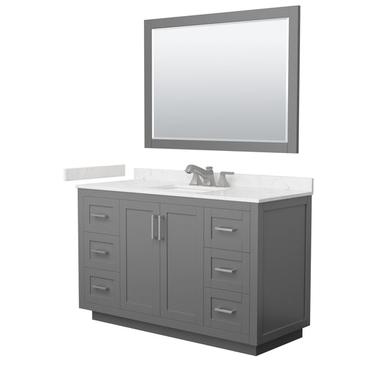 Wyndham Collection Miranda 54" Single Bathroom Vanity in Dark Gray, Carrara Cultured Marble Countertop, Undermount Square Sink (3-Hole), Brushed Nickel Trim and 46" Mirror