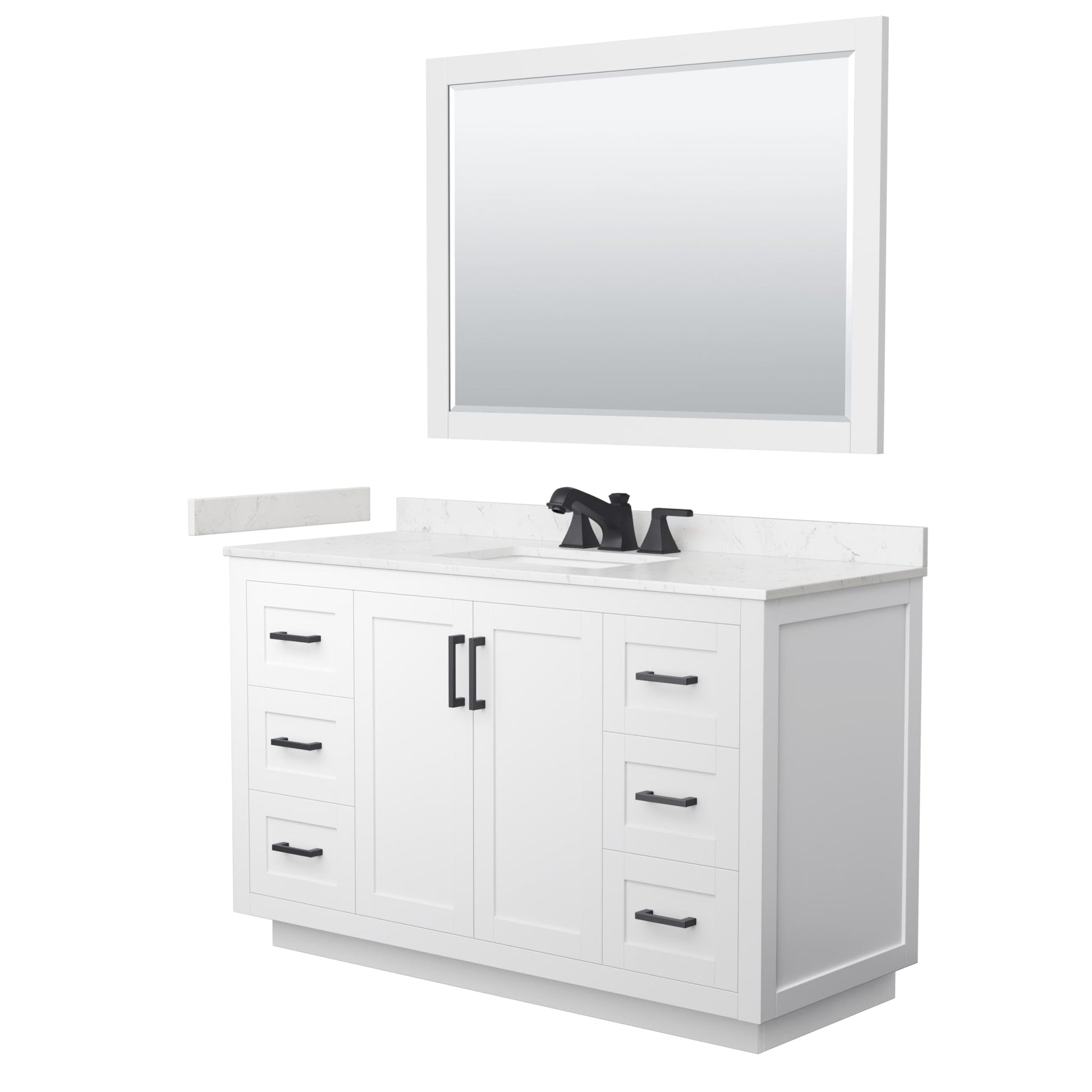 Wyndham Collection Miranda 54" Single Bathroom Vanity in White, Carrara Cultured Marble Countertop, Undermount Square Sink (3-Hole), Matte Black Trim and 46" Mirror