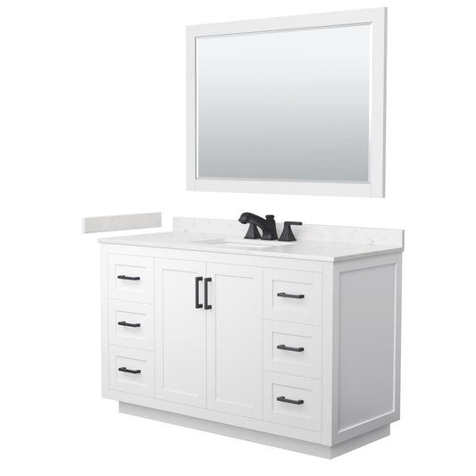 Wyndham Collection Miranda 54" Single Bathroom Vanity in White, Carrara Cultured Marble Countertop, Undermount Square Sink (3-Hole), Matte Black Trim and 46" Mirror