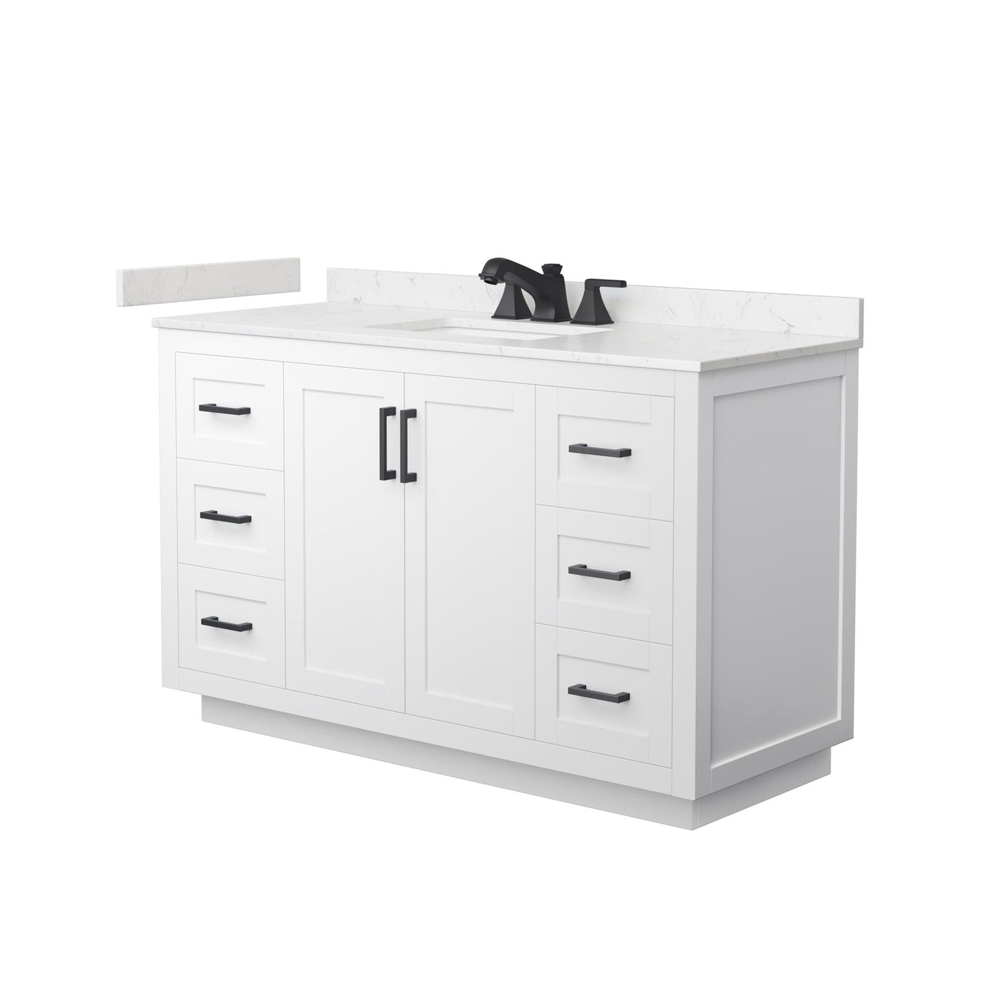 Wyndham Collection Miranda 54" Single Bathroom Vanity in White, Carrara Cultured Marble Countertop, Undermount Square Sink (3-Hole), Matte Black Trim