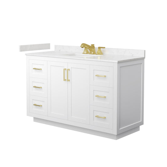 Wyndham Collection Miranda 54" Single Bathroom Vanity in White, Carrara Cultured Marble Countertop, Undermount Square Sink (3-Hole), Brushed Gold Trim