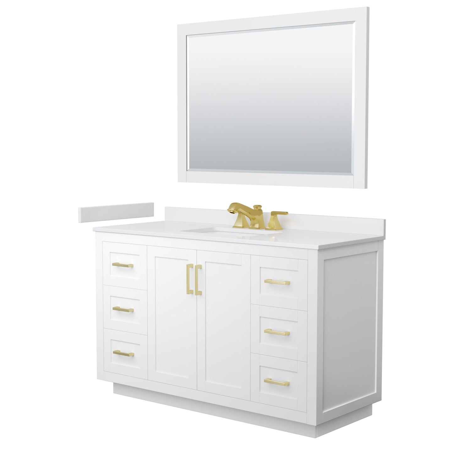 Wyndham Collection Miranda 54" Single Bathroom Vanity in White, White Cultured Marble Countertop, Undermount Square Sink (3-Hole), Brushed Gold Trim and 46" Mirror