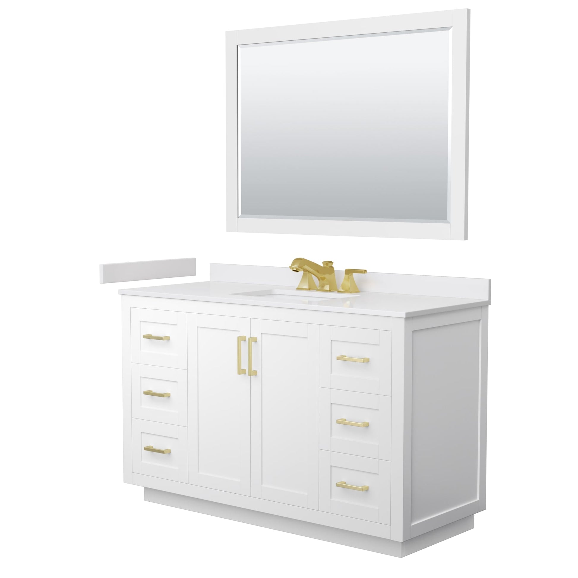 Wyndham Collection Miranda 54" Single Bathroom Vanity in White, White Cultured Marble Countertop, Undermount Square Sink (3-Hole), Brushed Gold Trim and 46" Mirror