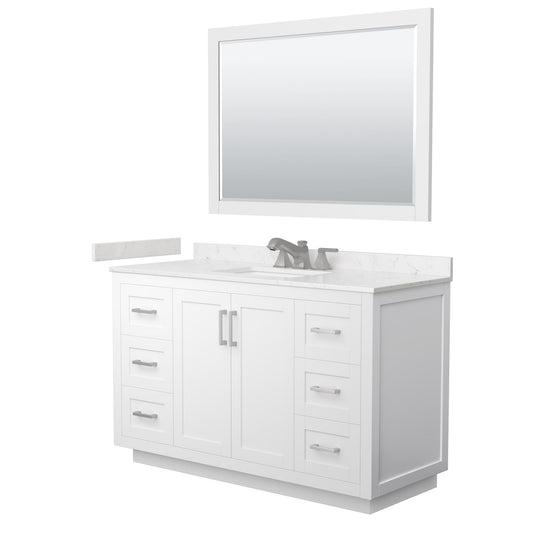 Wyndham Collection Miranda 54" Single Bathroom Vanity in White, Carrara Cultured Marble Countertop, Undermount Square Sink (3-Hole), Brushed Nickel Trim and 46" Mirror