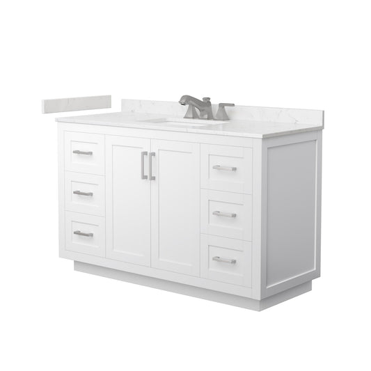 Wyndham Collection Miranda 54" Single Bathroom Vanity in White, Carrara Cultured Marble Countertop, Undermount Square Sink (3-Hole), Brushed Nickel Trim