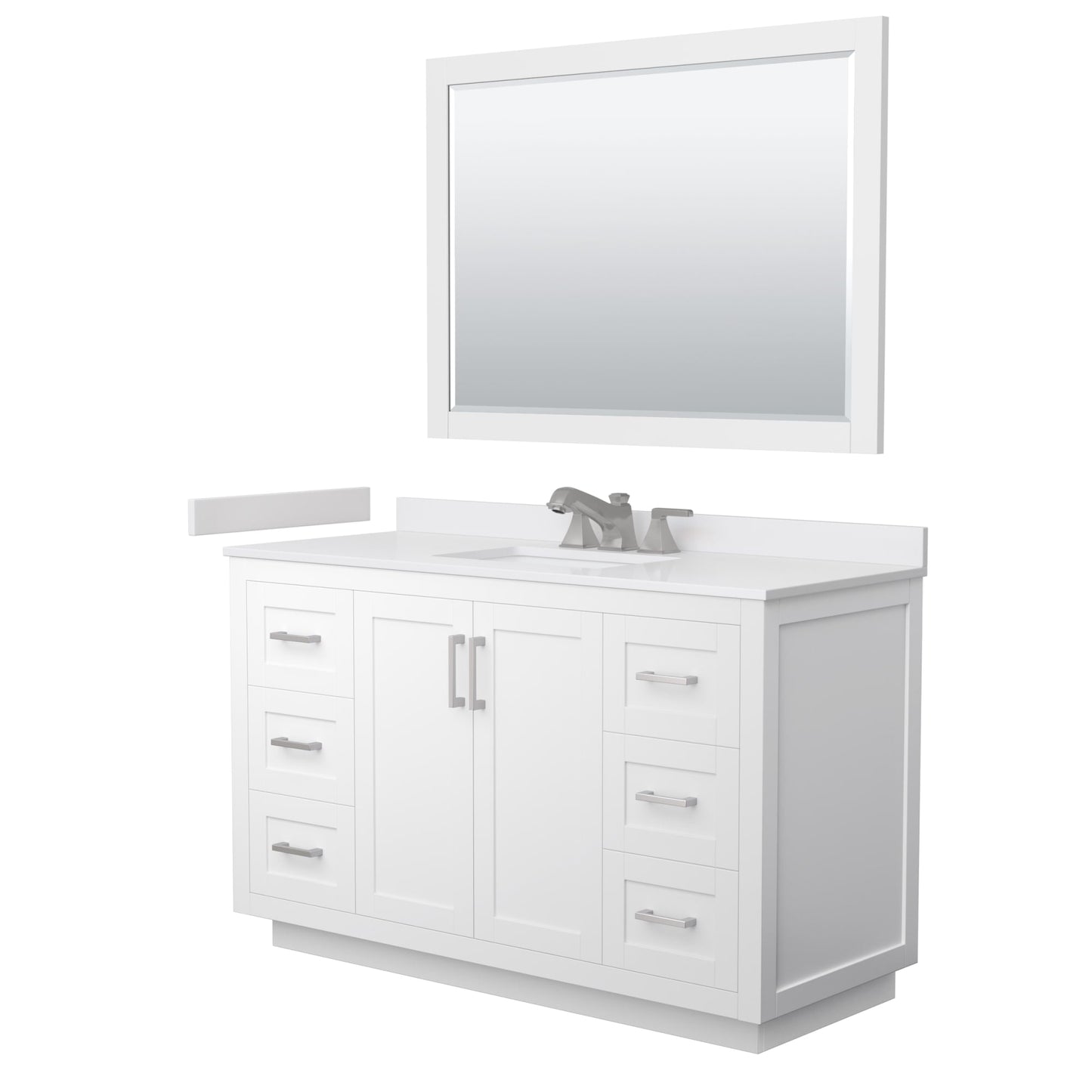 Wyndham Collection Miranda 54" Single Bathroom Vanity in White, White Cultured Marble Countertop, Undermount Square Sink (3-Hole), Brushed Nickel Trim and 46" Mirror