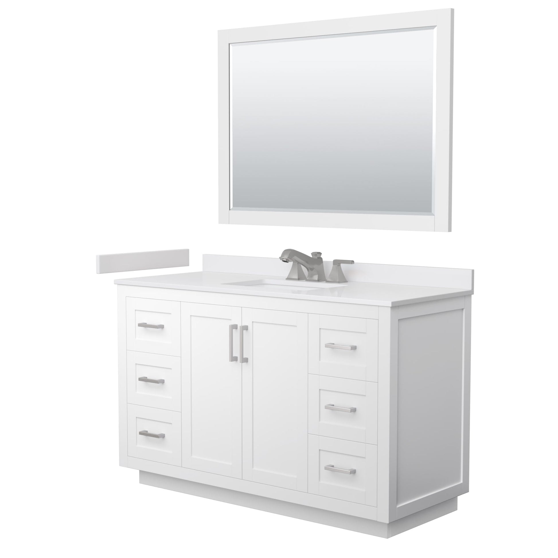 Wyndham Collection Miranda 54" Single Bathroom Vanity in White, White Cultured Marble Countertop, Undermount Square Sink (3-Hole), Brushed Nickel Trim and 46" Mirror