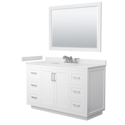 Wyndham Collection Miranda 54" Single Bathroom Vanity in White, White Cultured Marble Countertop, Undermount Square Sink (3-Hole), Brushed Nickel Trim and 46" Mirror
