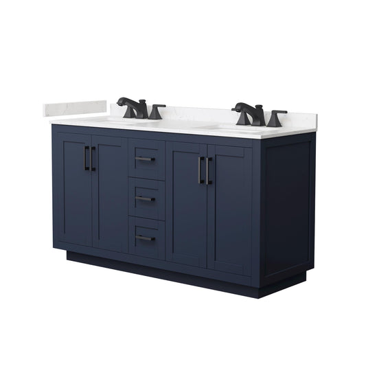 Wyndham Collection Miranda 60" Double Bathroom Vanity in Dark Blue, Carrara Cultured Marble Countertop, Undermount Square Sinks (3-Hole), Matte Black Trim