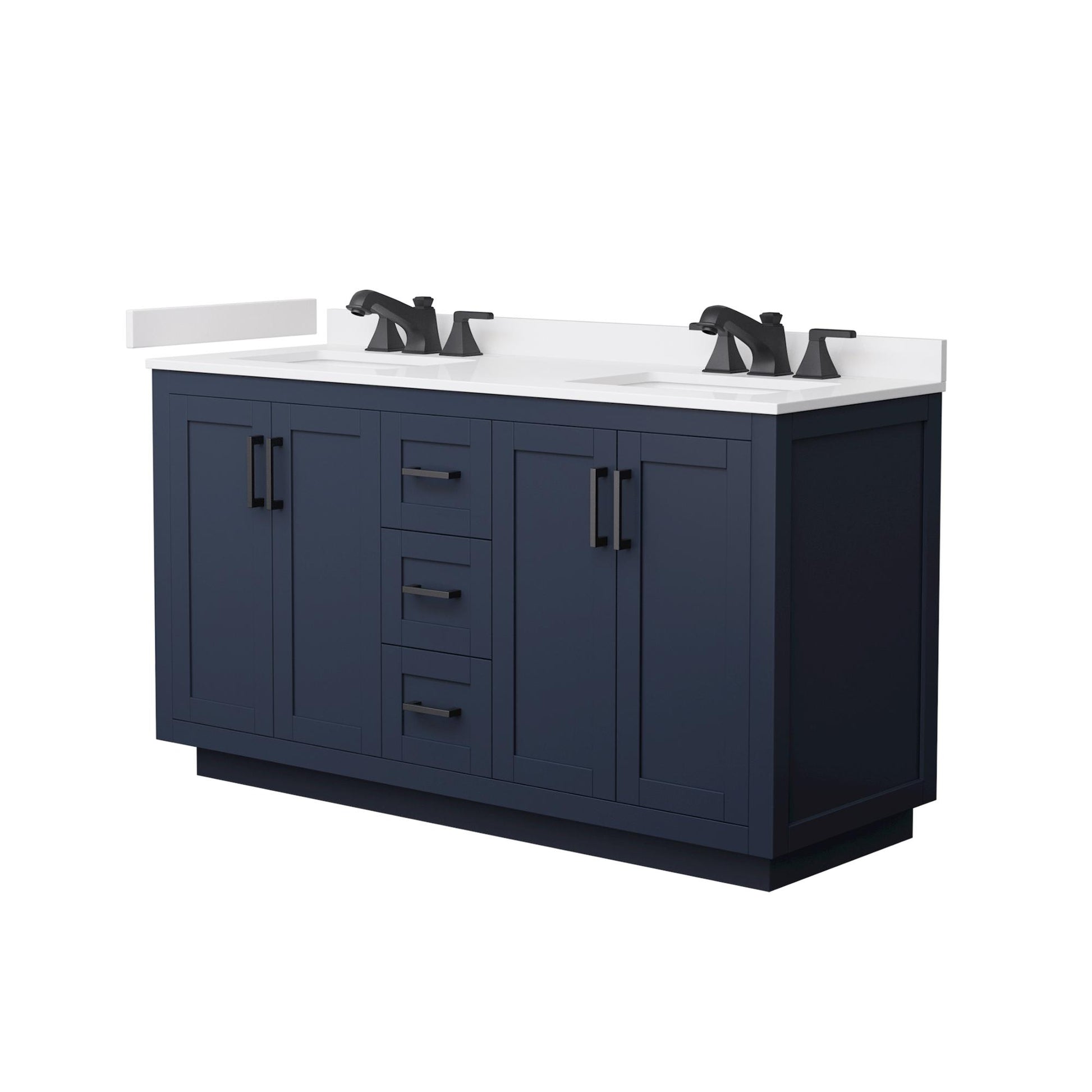 Wyndham Collection Miranda 60" Double Bathroom Vanity in Dark Blue, White Cultured Marble Countertop, Undermount Square Sinks (3-Hole), Matte Black Trim