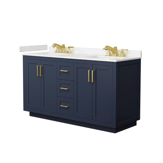 Wyndham Collection Miranda 60" Double Bathroom Vanity in Dark Blue, Carrara Cultured Marble Countertop, Undermount Square Sinks (3-Hole), Brushed Gold Trim