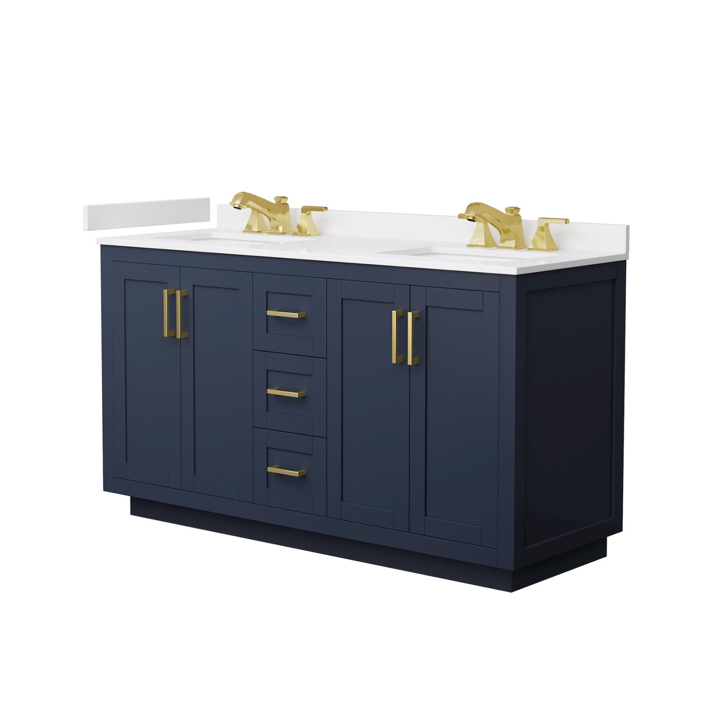Wyndham Collection Miranda 60" Double Bathroom Vanity in Dark Blue, White Cultured Marble Countertop, Undermount Square Sinks (3-Hole), Brushed Gold Trim
