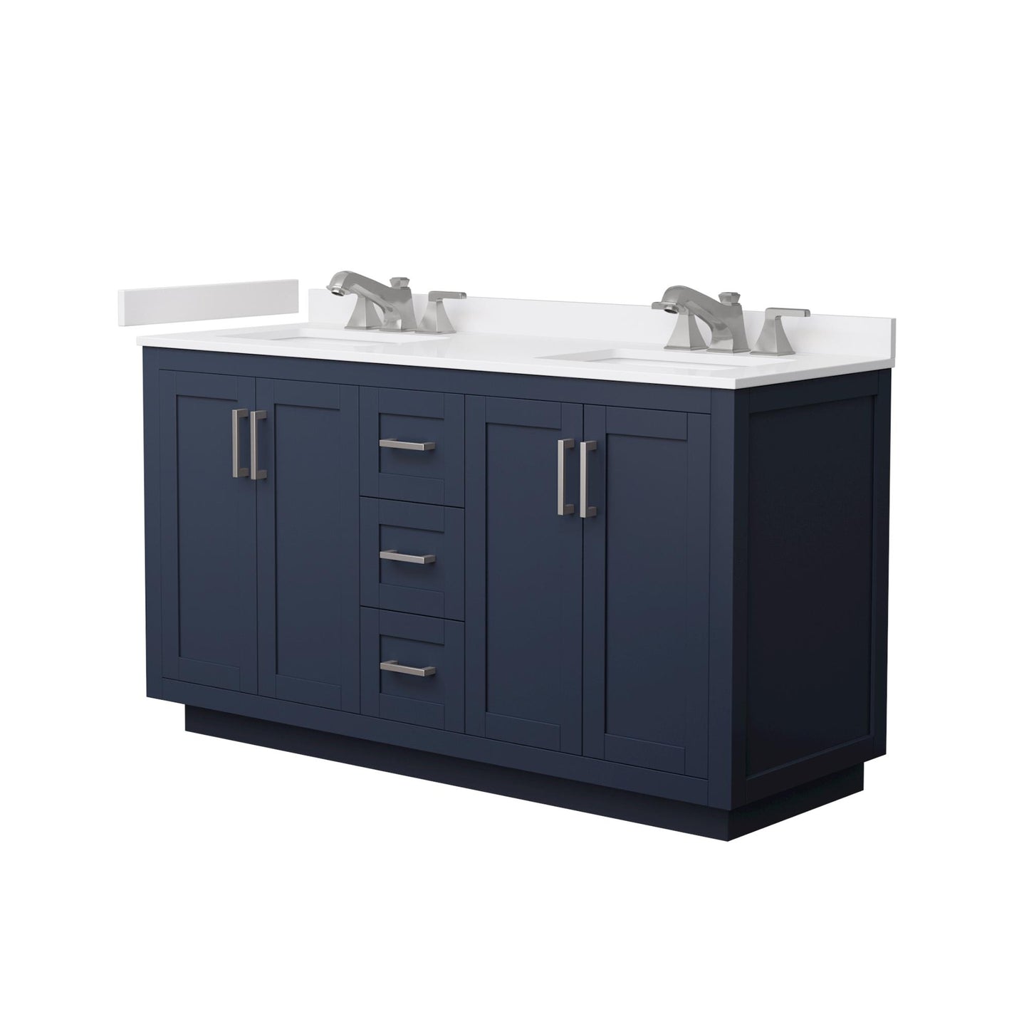 Wyndham Collection Miranda 60" Double Bathroom Vanity in Dark Blue, White Cultured Marble Countertop, Undermount Square Sinks (3-Hole), Brushed Nickel Trim