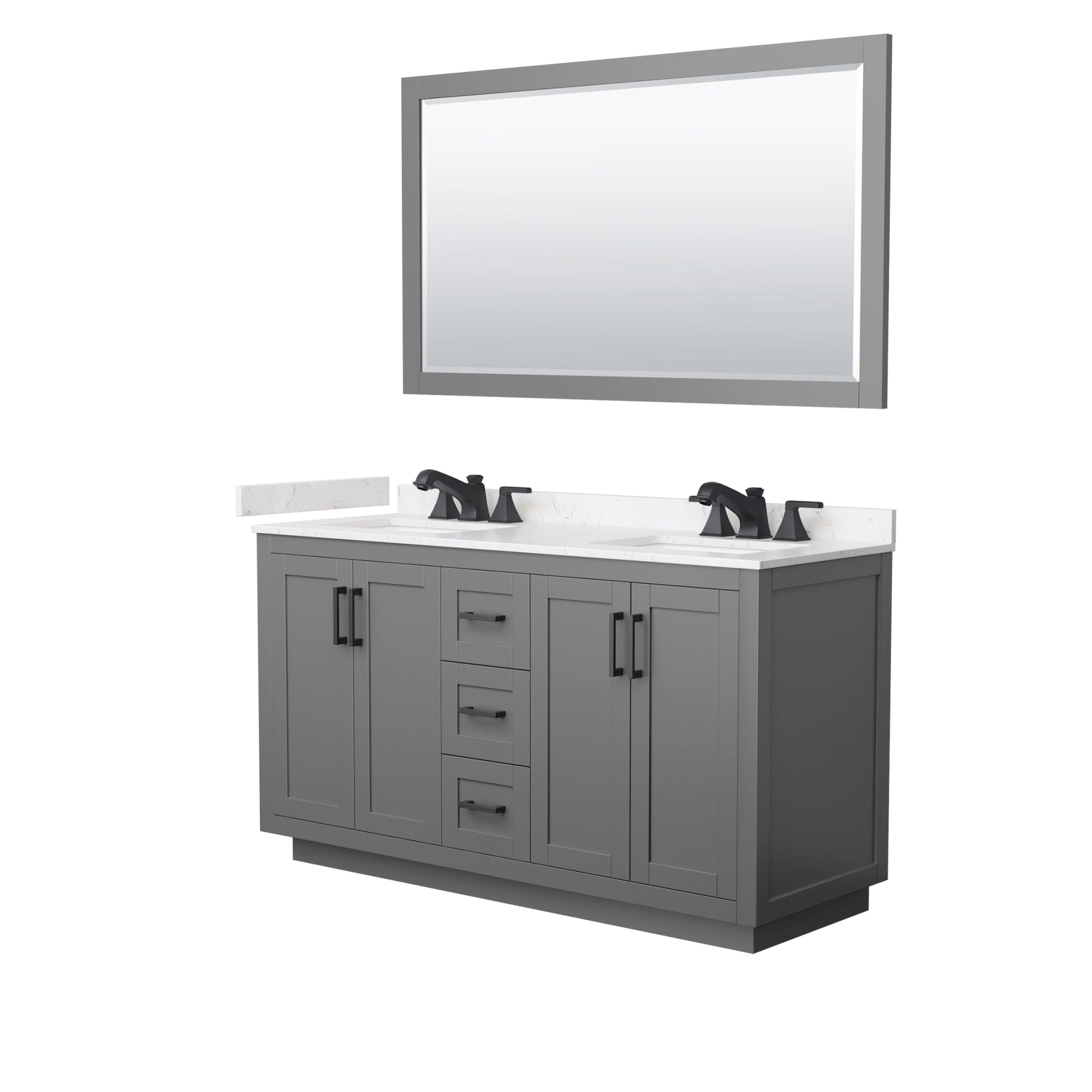 Wyndham Collection Miranda 60" Double Bathroom Vanity in Dark Gray, Carrara Cultured Marble Countertop, Undermount Square Sinks (3-Hole), Matte Black Trim and 58" Mirror