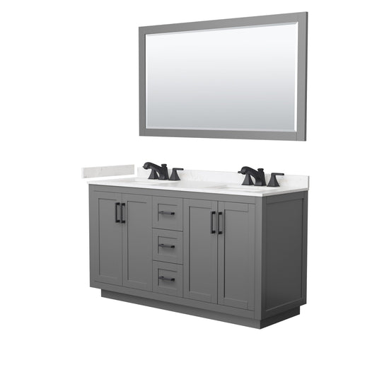 Wyndham Collection Miranda 60" Double Bathroom Vanity in Dark Gray, Carrara Cultured Marble Countertop, Undermount Square Sinks (3-Hole), Matte Black Trim and 58" Mirror