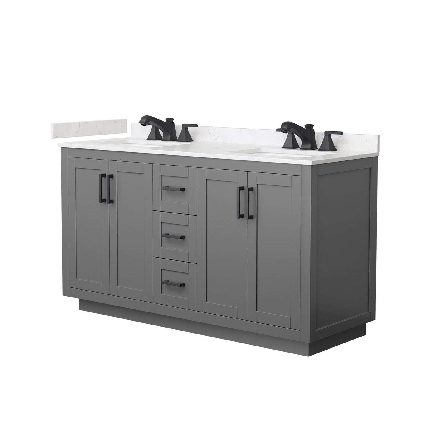 Wyndham Collection Miranda 60" Double Bathroom Vanity in Dark Gray, Carrara Cultured Marble Countertop, Undermount Square Sinks (3-Hole), Matte Black Trim