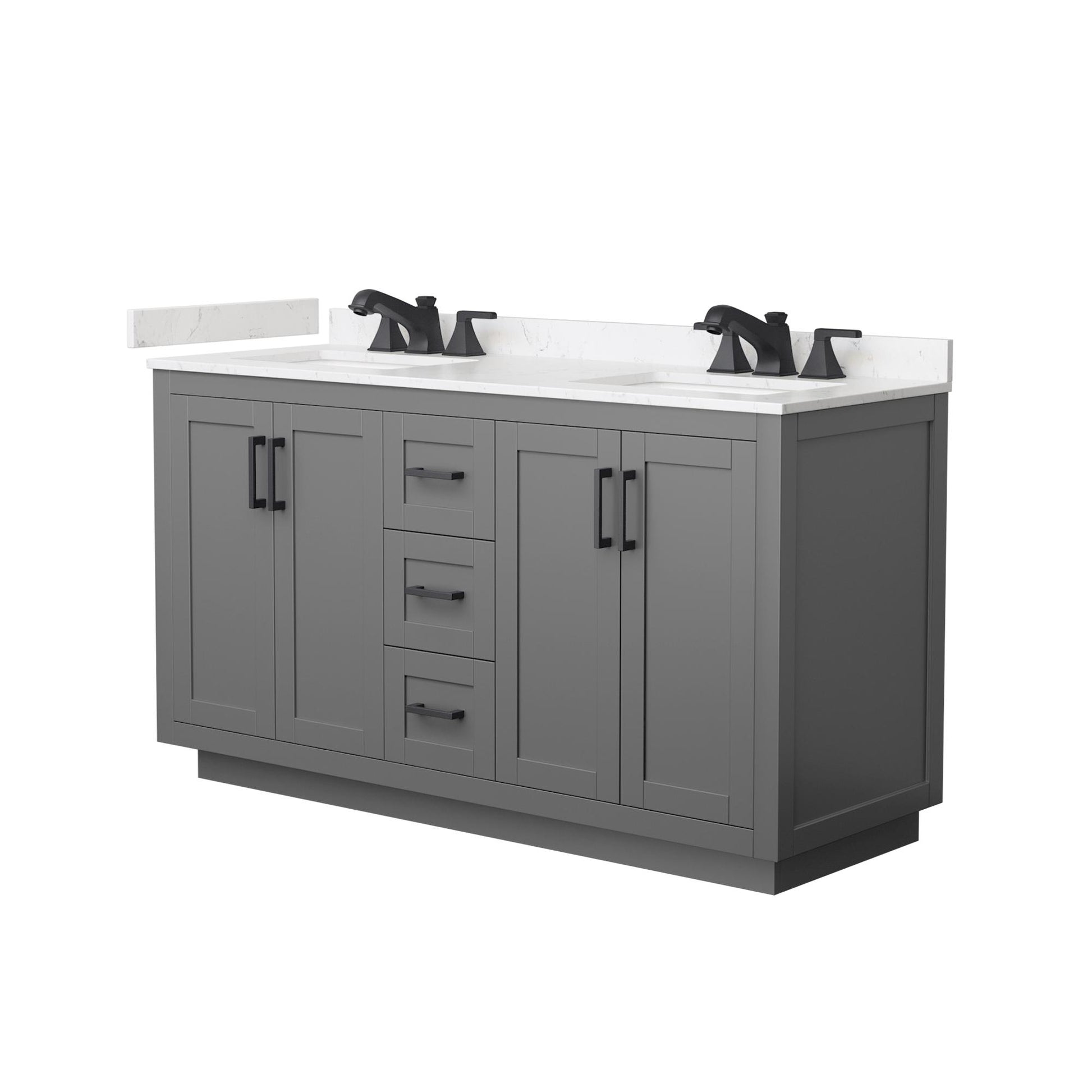 Wyndham Collection Miranda 60" Double Bathroom Vanity in Dark Gray, Carrara Cultured Marble Countertop, Undermount Square Sinks (3-Hole), Matte Black Trim